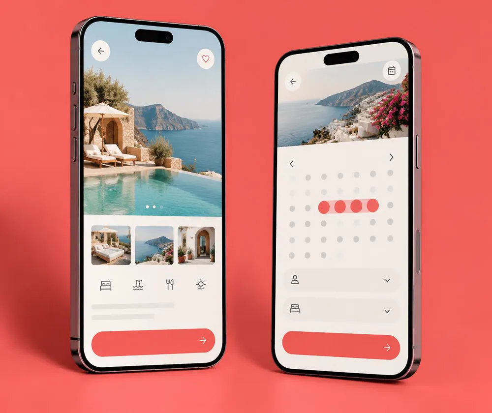 Hospitality app design exploration on two phones against a coral backdrop