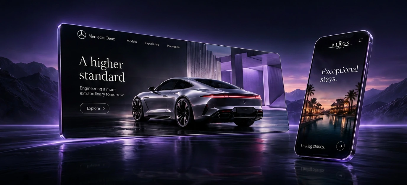 Mercedes-Benz website on a violet-lit widescreen beside a Rixos Hotels mobile website, reflected on dark water — design concepts