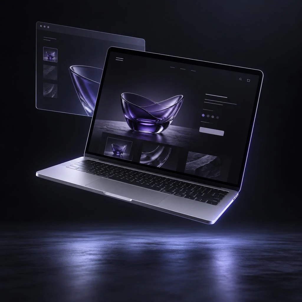 Silver laptop and glass browser with a violet website design exploration